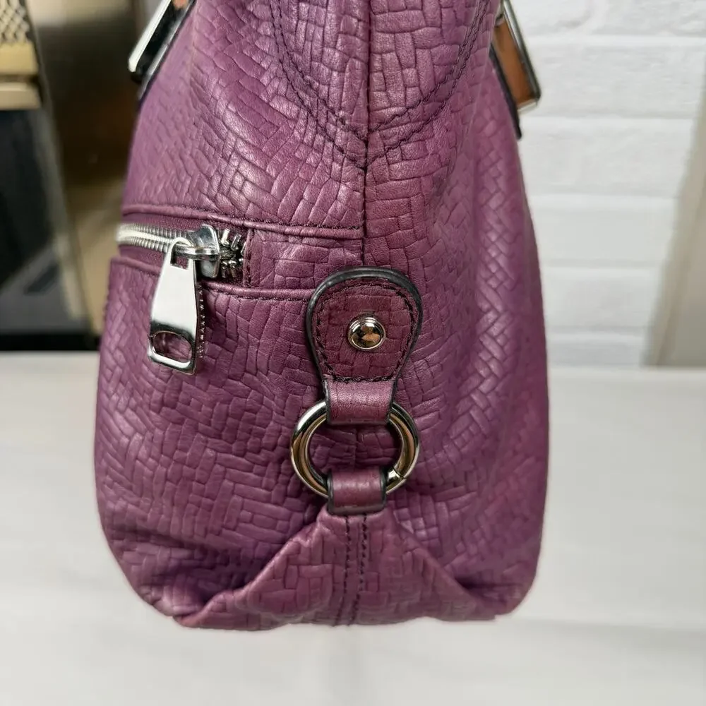 B MAKOWSKY Leather Mulberry Purple Woven Satchel Purse Handbag Y2K Double Handle
